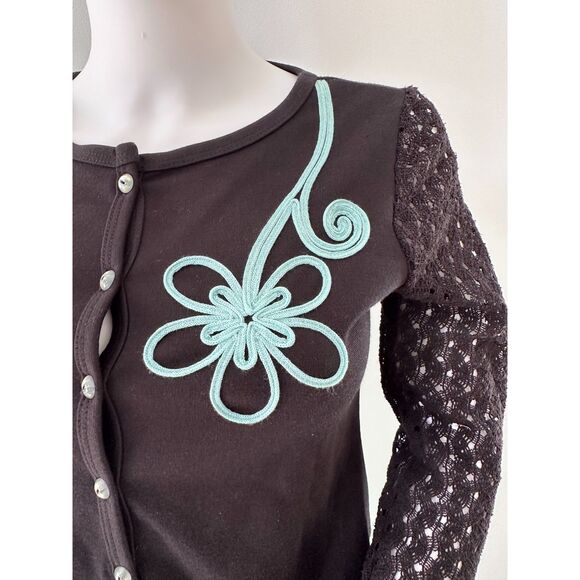 Y2K Black Cardigan Top with Sheer Crochet Sleeves & Mint Floral Appliqué size S - Picture 5 of 6